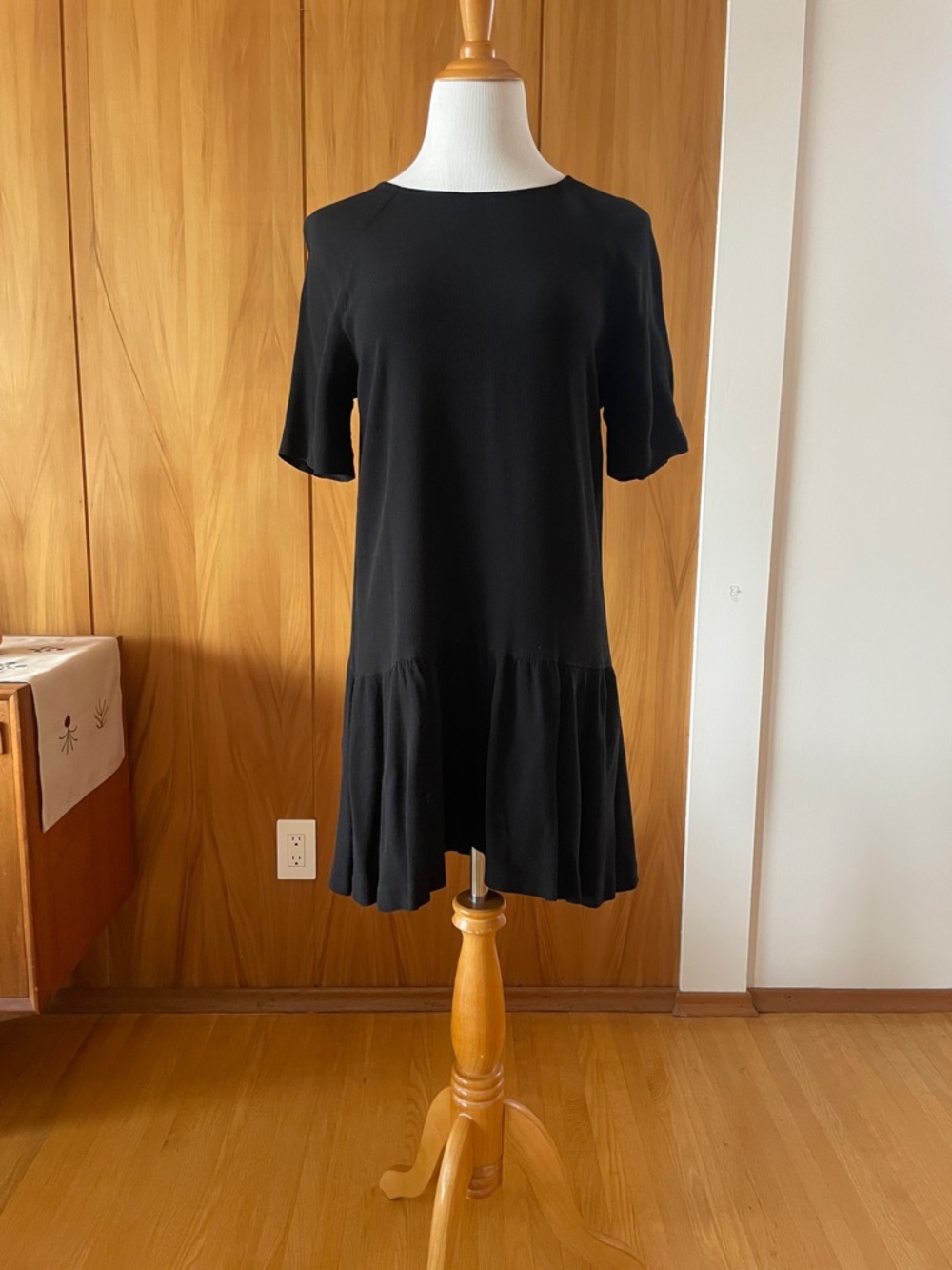Black Short-Sleeve Ruffle-Hem Mini Dress